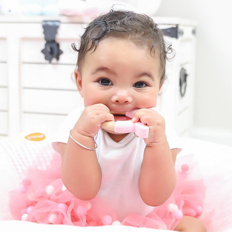 Pink Bunny Circle Bunny Head Teether Wooden + Silicone Goosewaddle® | Newborn Baby Blankets Toys Teethers Bibs & More