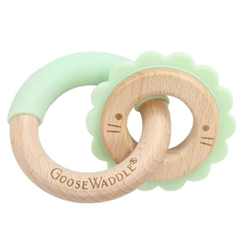 Mint Lion Silicone + Wood Double Teether Goosewaddle® | Newborn Baby Blankets Toys Teethers Bibs & More