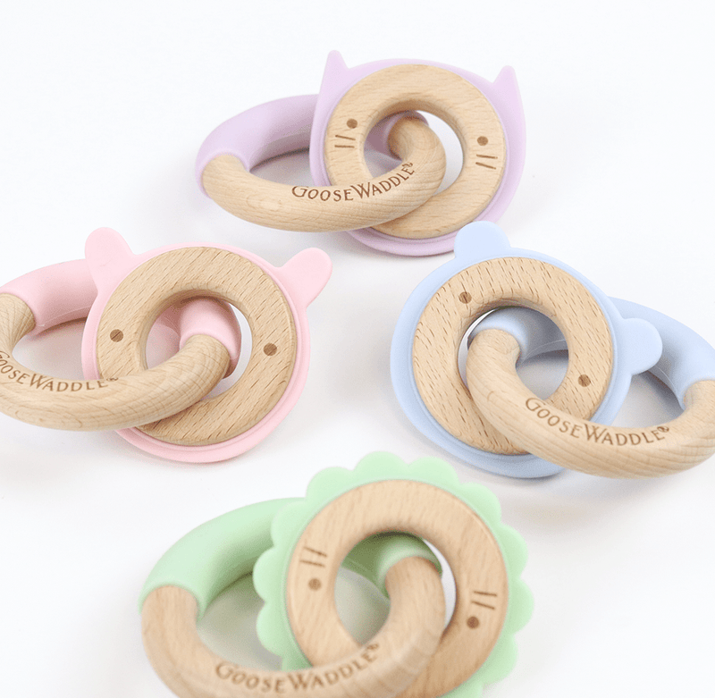 Mint Lion Silicone + Wood Double Teether Goosewaddle® | Newborn Baby Blankets Toys Teethers Bibs & More
