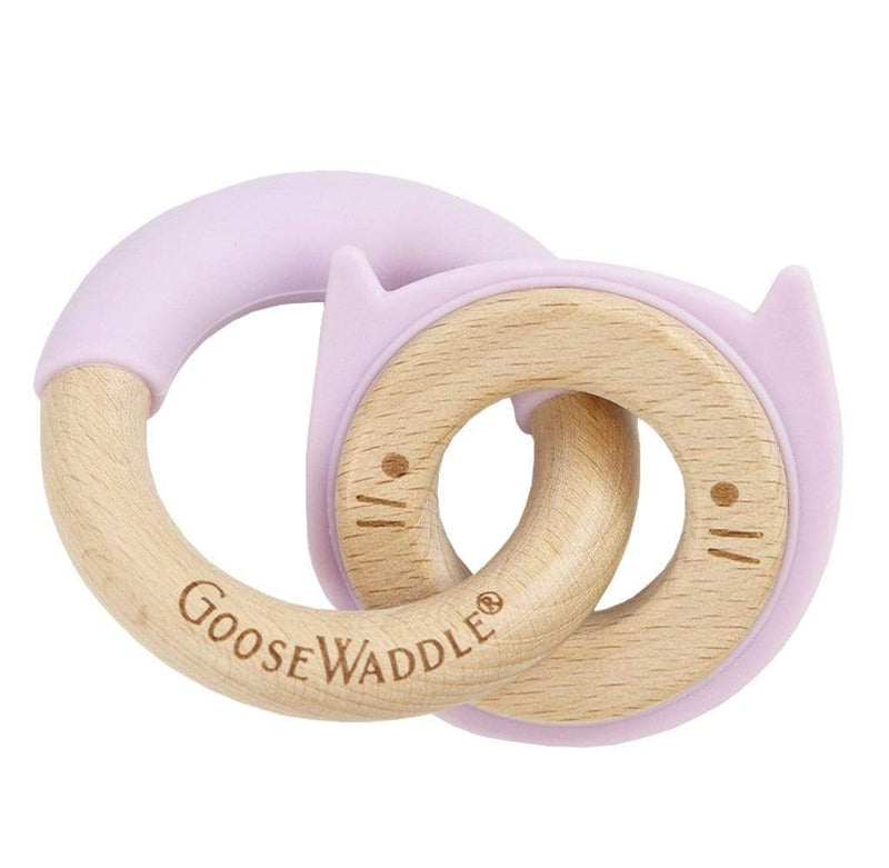 Lavender Kitten Silicone + Wood Double Teether Goosewaddle® | Newborn Baby Blankets Toys Teethers Bibs & More