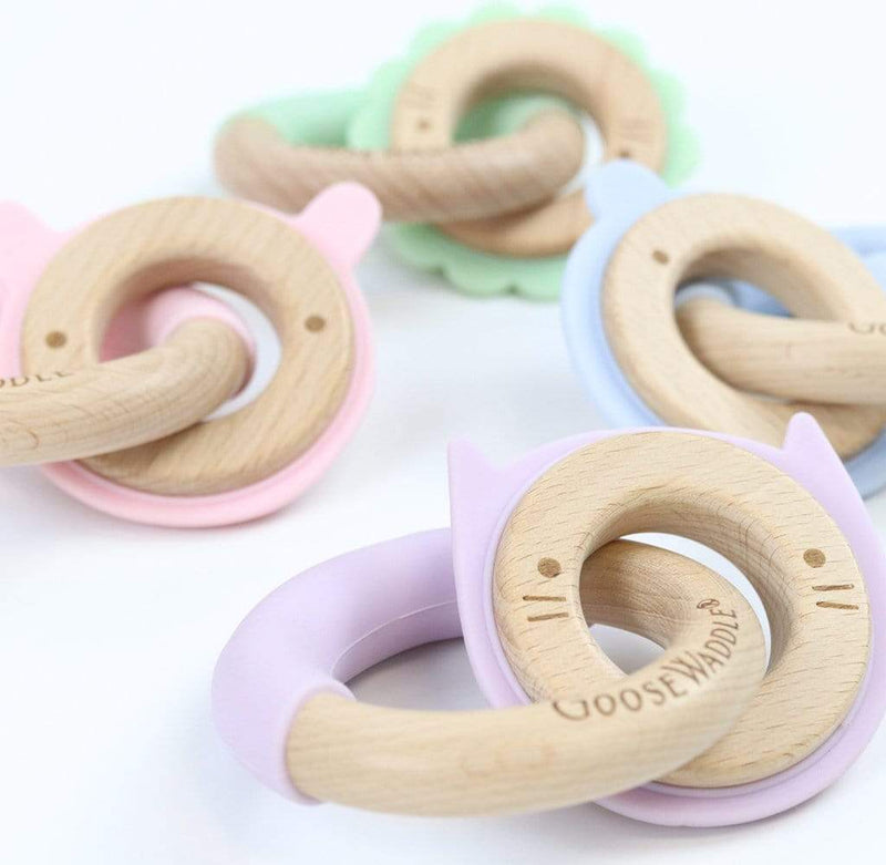 Lavender Kitten Silicone + Wood Double Teether Goosewaddle® | Newborn Baby Blankets Toys Teethers Bibs & More