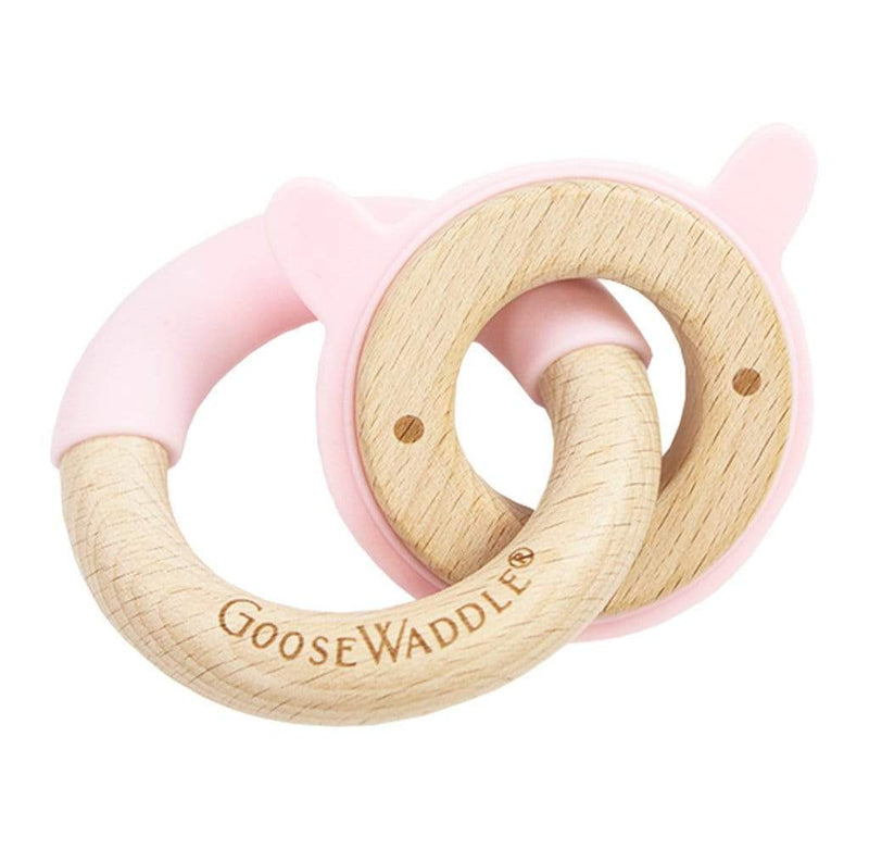 Pink Bunny Silicone + Wood Double Teether Goosewaddle® | Newborn Baby Blankets Toys Teethers Bibs & More