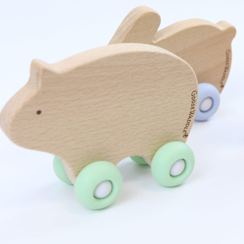 Silicone + Wood Teether with Wheels (3 Colors) Goosewaddle® | Newborn Baby Blankets Toys Teethers Bibs & More