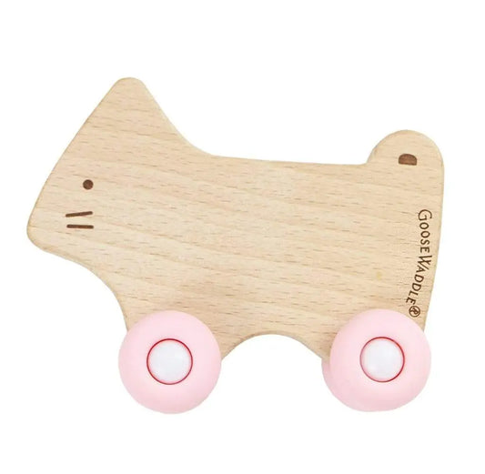 Pink Kitten Teether - Silicone and Wood Teether with Wheels Goosewaddle® | Newborn Baby Blankets Toys Teethers Bibs & More