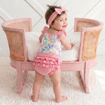 Baby bloomer set with back ruffle bloomer, matching bodysuit and stretchy headband