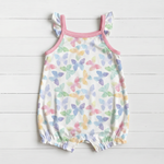 Bamboo bubble romper with flutter sleeves and snap closures along the legs in the Grace Wings print