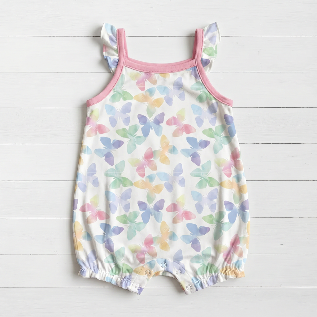 Bamboo bubble romper with flutter sleeves and snap closures along the legs in the Grace Wings print