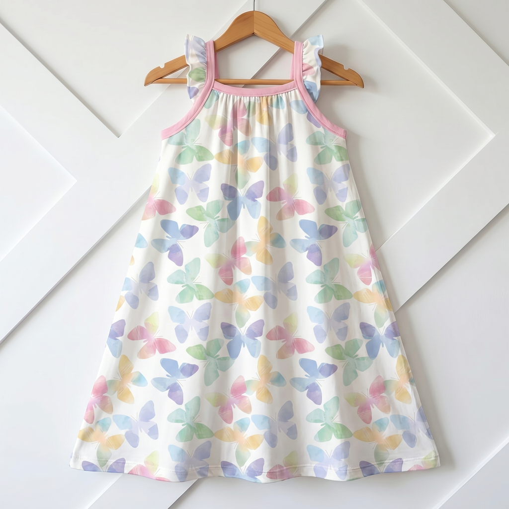 Flutter sleeve bamboo dress for girls in the Grace Wings print, shown flat with short ruffled sleeves