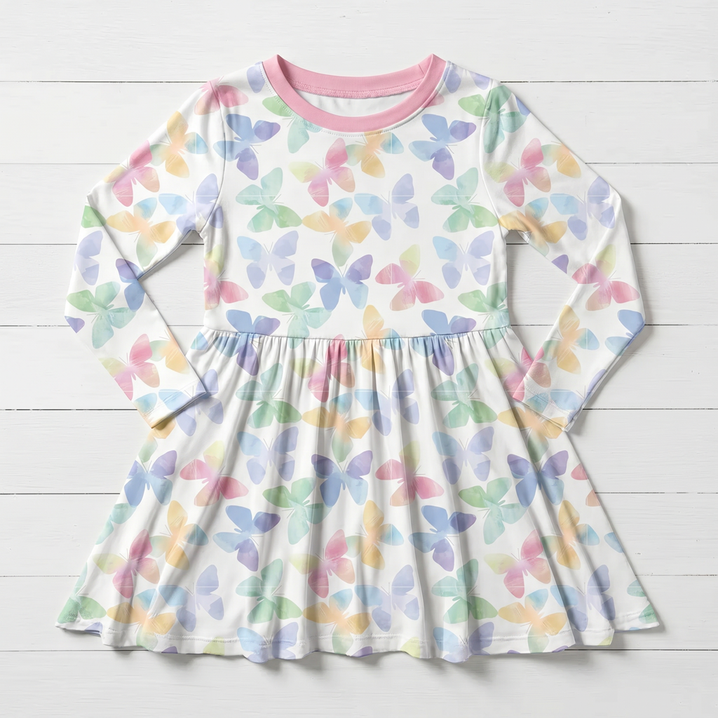 Long sleeve toddler dress with a twirl skirt in the Grace Wings print, made of bamboo and spandex blend fabric