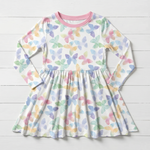 Long sleeve toddler dress with a twirl skirt in the Grace Wings print, made of bamboo and spandex blend fabric