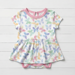 Short sleeve baby bodysuit dress in Grace Wings print with a full skirt and snaps at the bottom