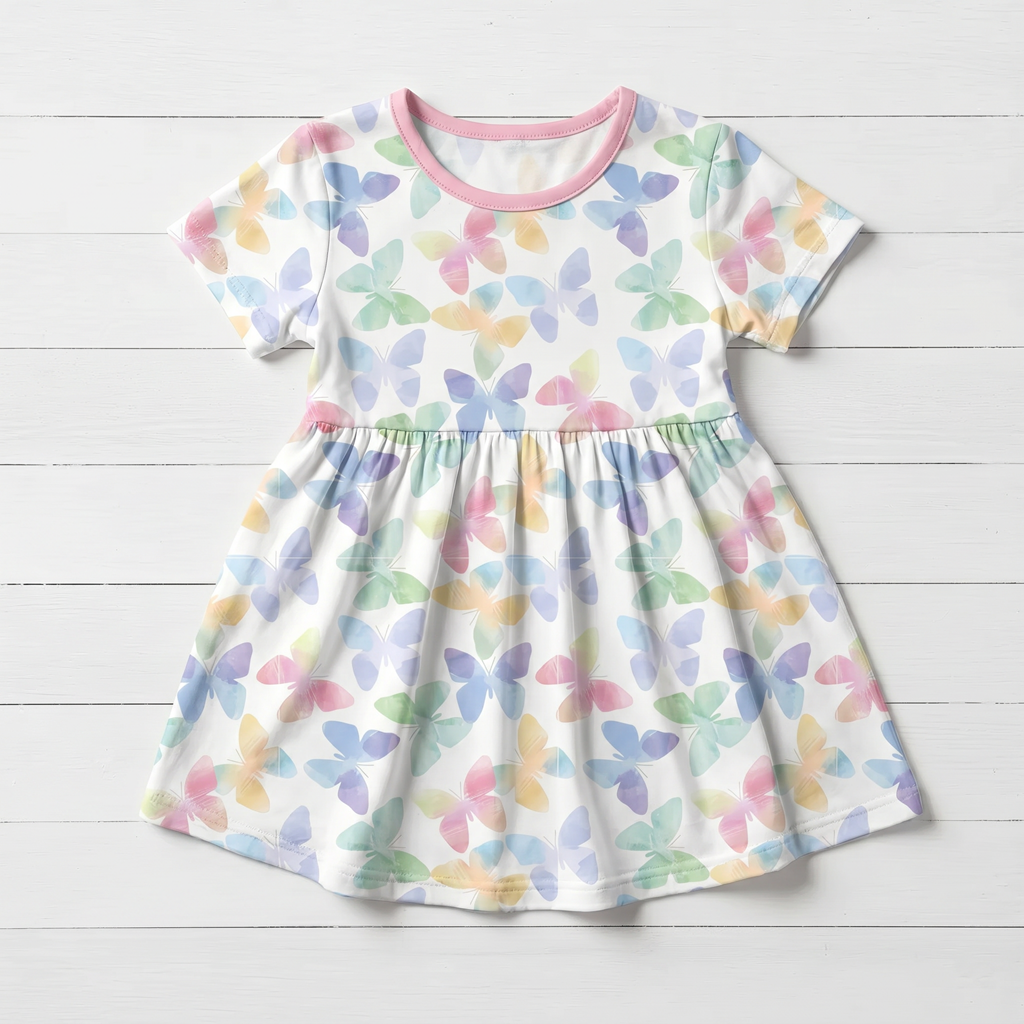 Short sleeve bamboo girls dress in the Grace Wings print