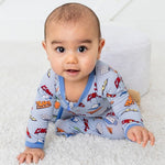 Baby footie pajamas with an all-over colorful graffiti print and a full-length front zipper.