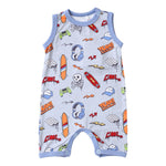 Sleeveless baby shortall in a colorful graffiti print with snaps at the shoulders and legs.