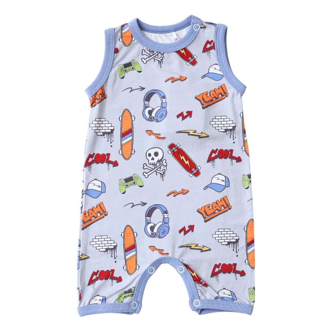 Sleeveless baby shortall in a colorful graffiti print with snaps at the shoulders and legs.