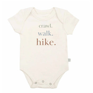 Baby bodysuit printed with the phrase Crawl Walk Hike and snap closures at the bottom
