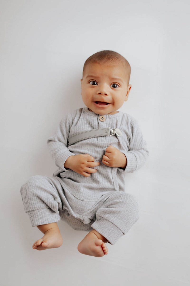 Three Little Tots Gray Baby Ribbed Playsuit with pockets - 
