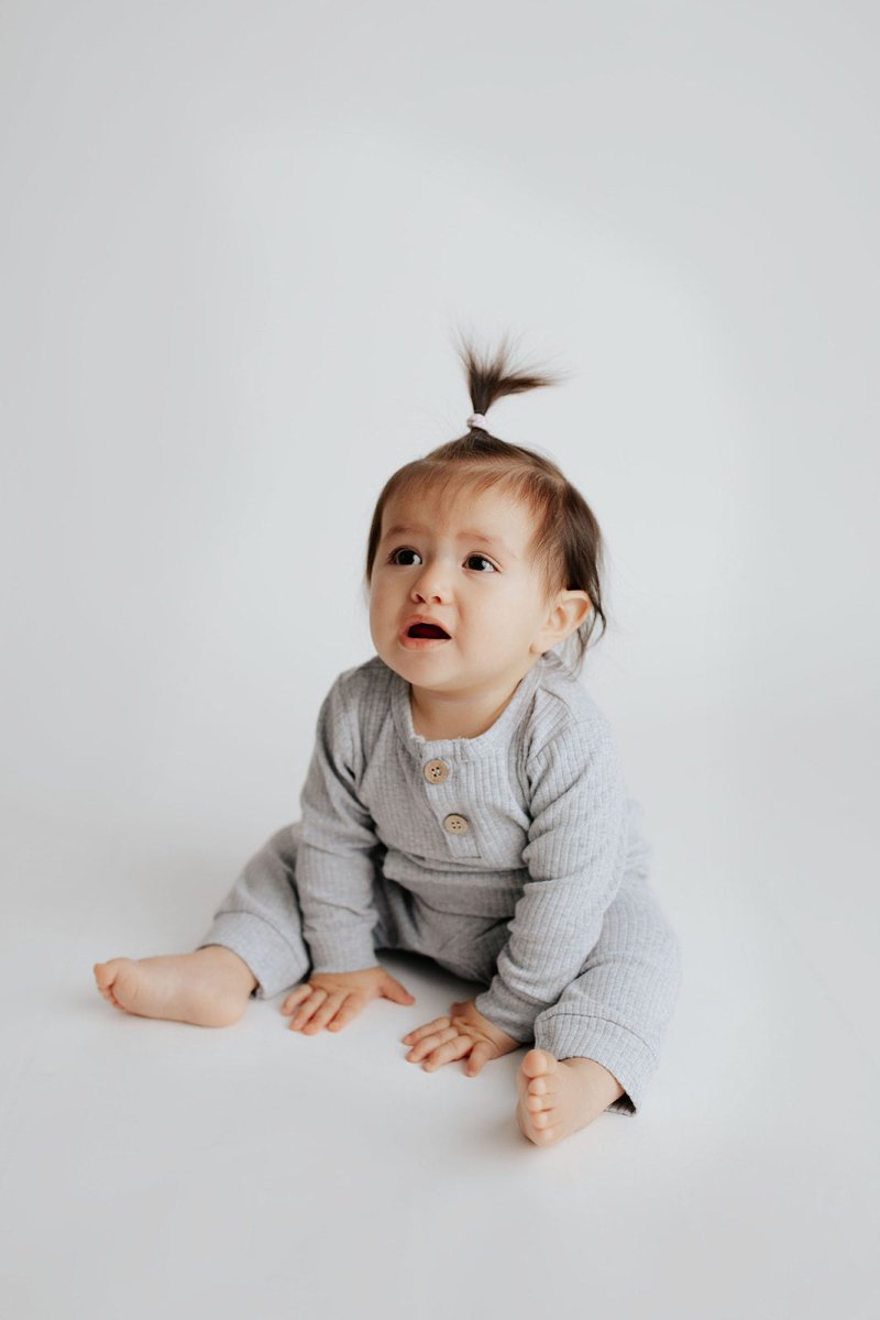 Three Little Tots Gray Baby Ribbed Playsuit with pockets - 
