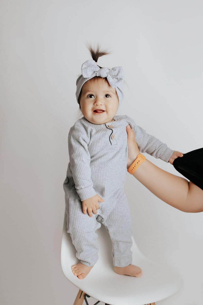 Three Little Tots Gray Baby Ribbed Playsuit with pockets - 