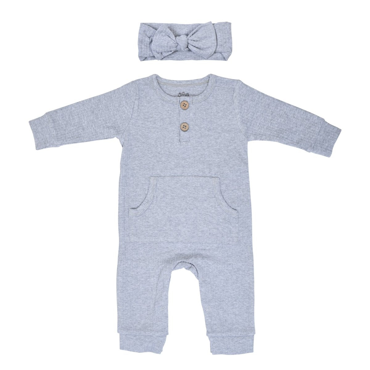 Three Little Tots Gray Baby Ribbed Playsuit with pockets - 