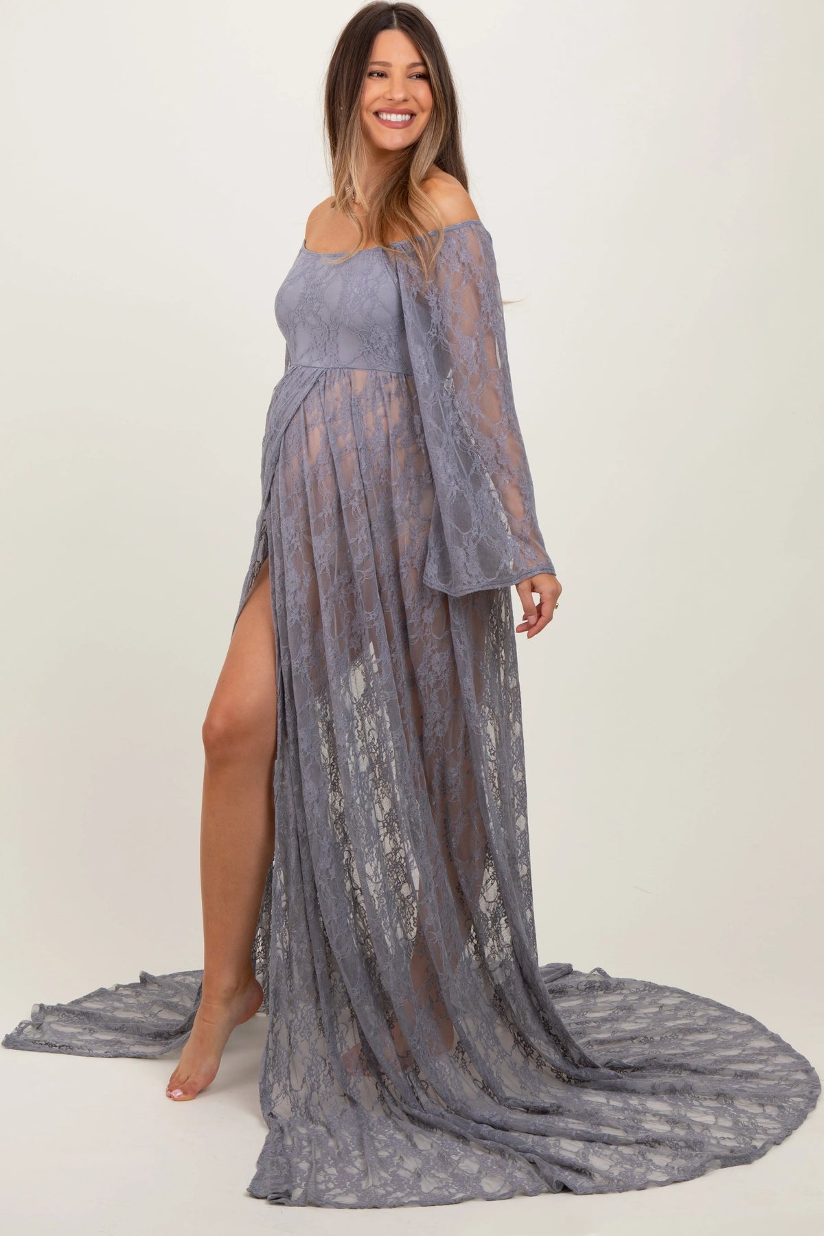 Gray Lace Long Sleeve Off Shoulder Slit Draped Maternity Photoshoot Dress - Gown, Dress, Formal wear, Fashion, Textile | Everetts Place