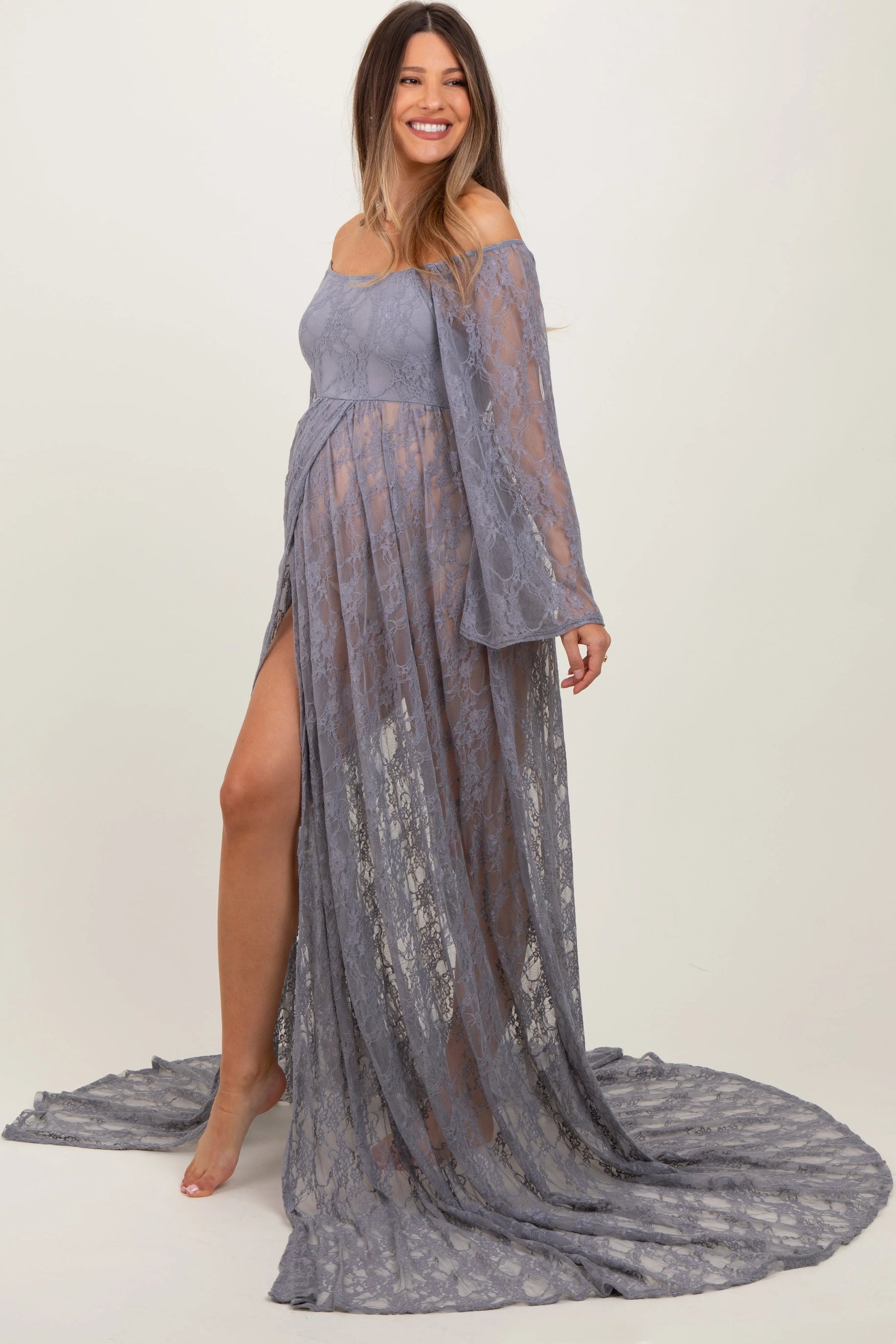 Gray Lace Long Sleeve Off Shoulder Slit Draped Maternity Photoshoot Dress - Gown, Dress, Formal wear, Fashion, Textile | Everetts Place