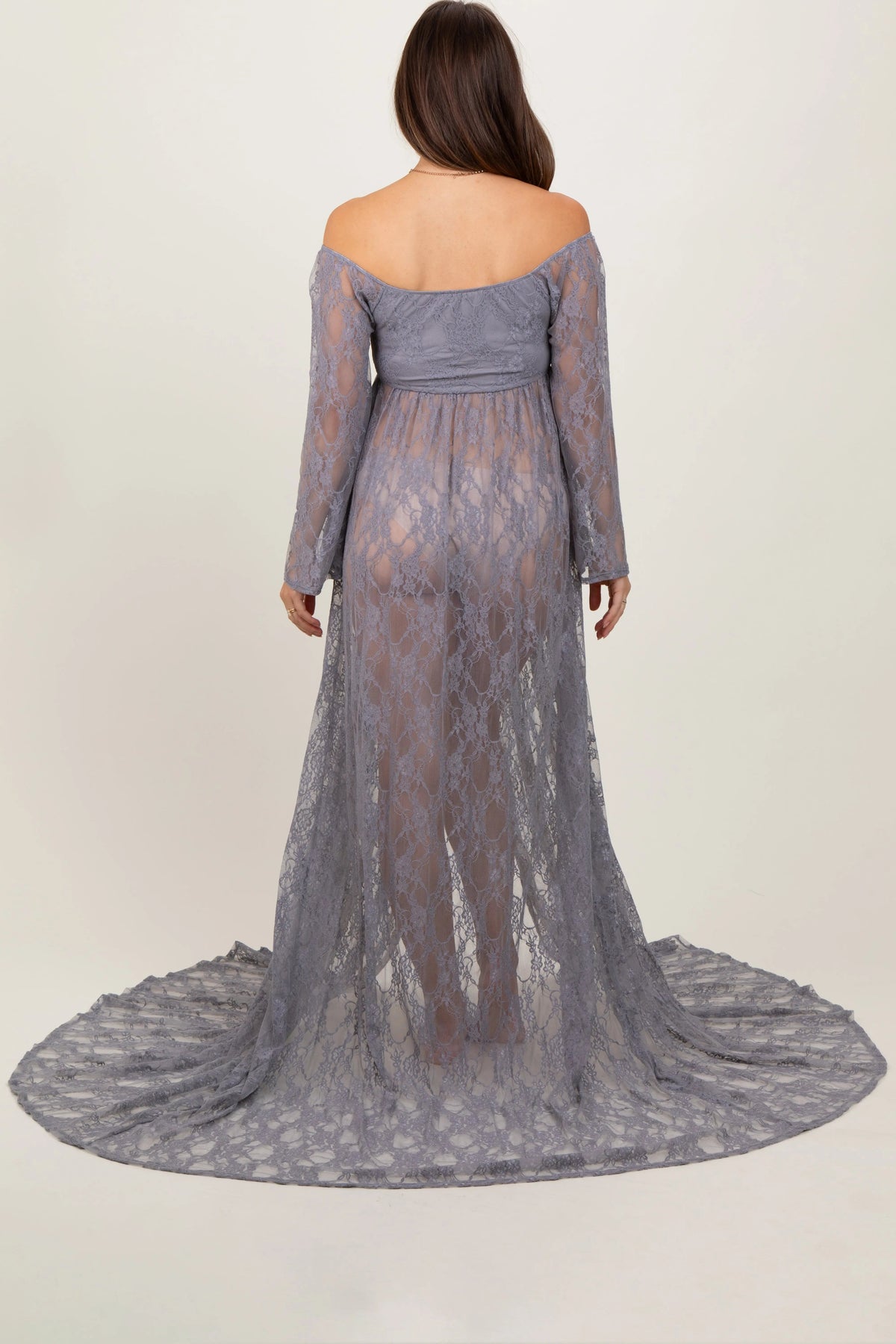 PinkBlush Gray Lace Long Sleeve Off Shoulder Slit Draped Maternity Photoshoot Dress - 