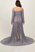PinkBlush Gray Lace Long Sleeve Off Shoulder Slit Draped Maternity Photoshoot Dress - 