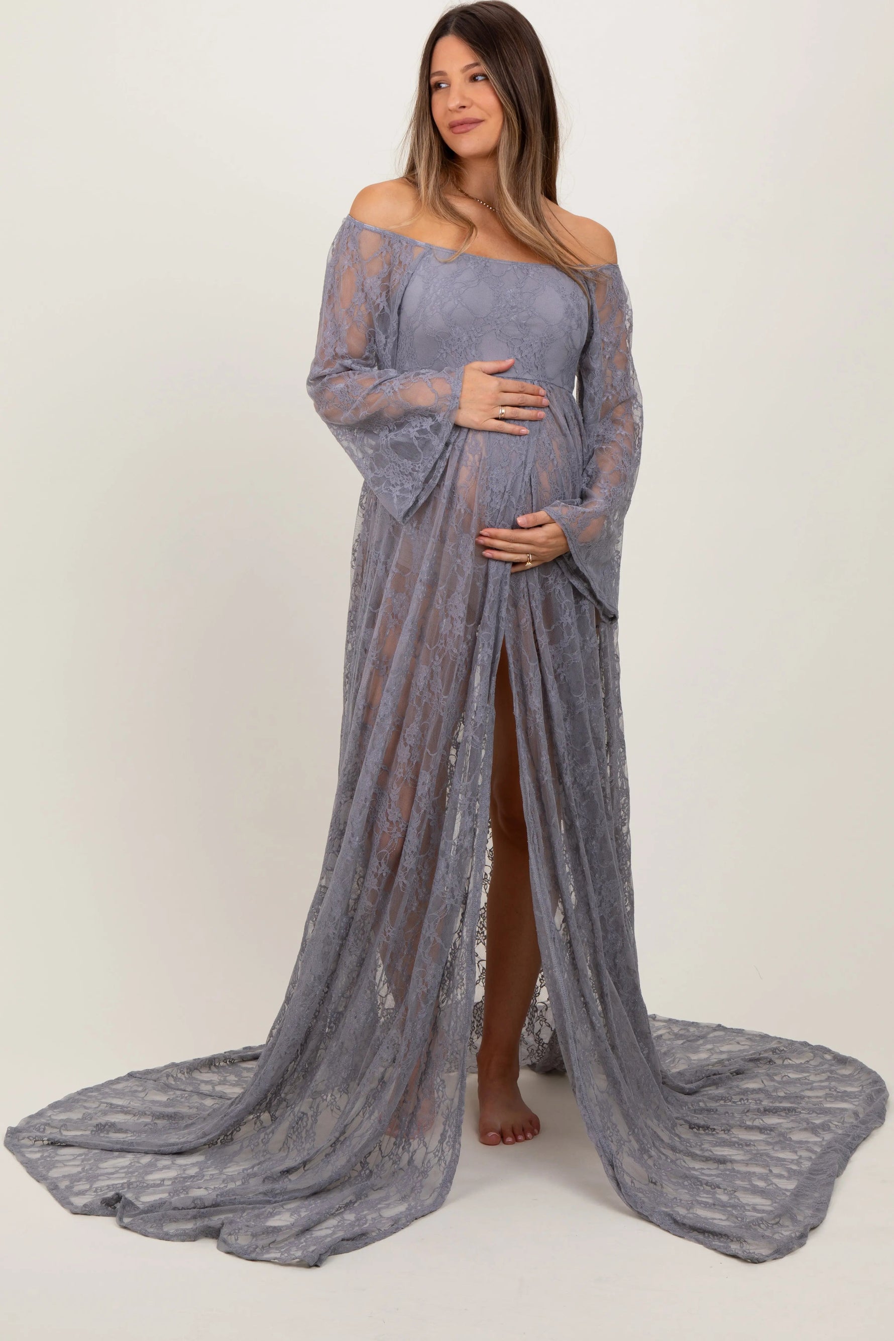PinkBlush Gray Lace Long Sleeve Off Shoulder Slit Draped Maternity Photoshoot Dress - 
