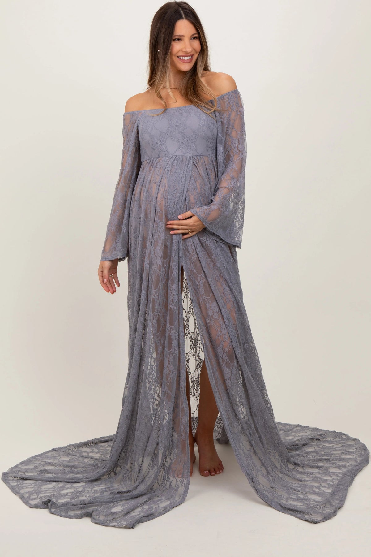 PinkBlush Gray Lace Long Sleeve Off Shoulder Slit Draped Maternity Photoshoot Dress - 