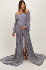 PinkBlush Gray Lace Long Sleeve Off Shoulder Slit Draped Maternity Photoshoot Dress - 