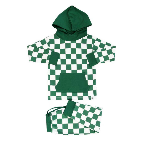 Green Checker Hoodie Jogger Set For Kids With Pockets