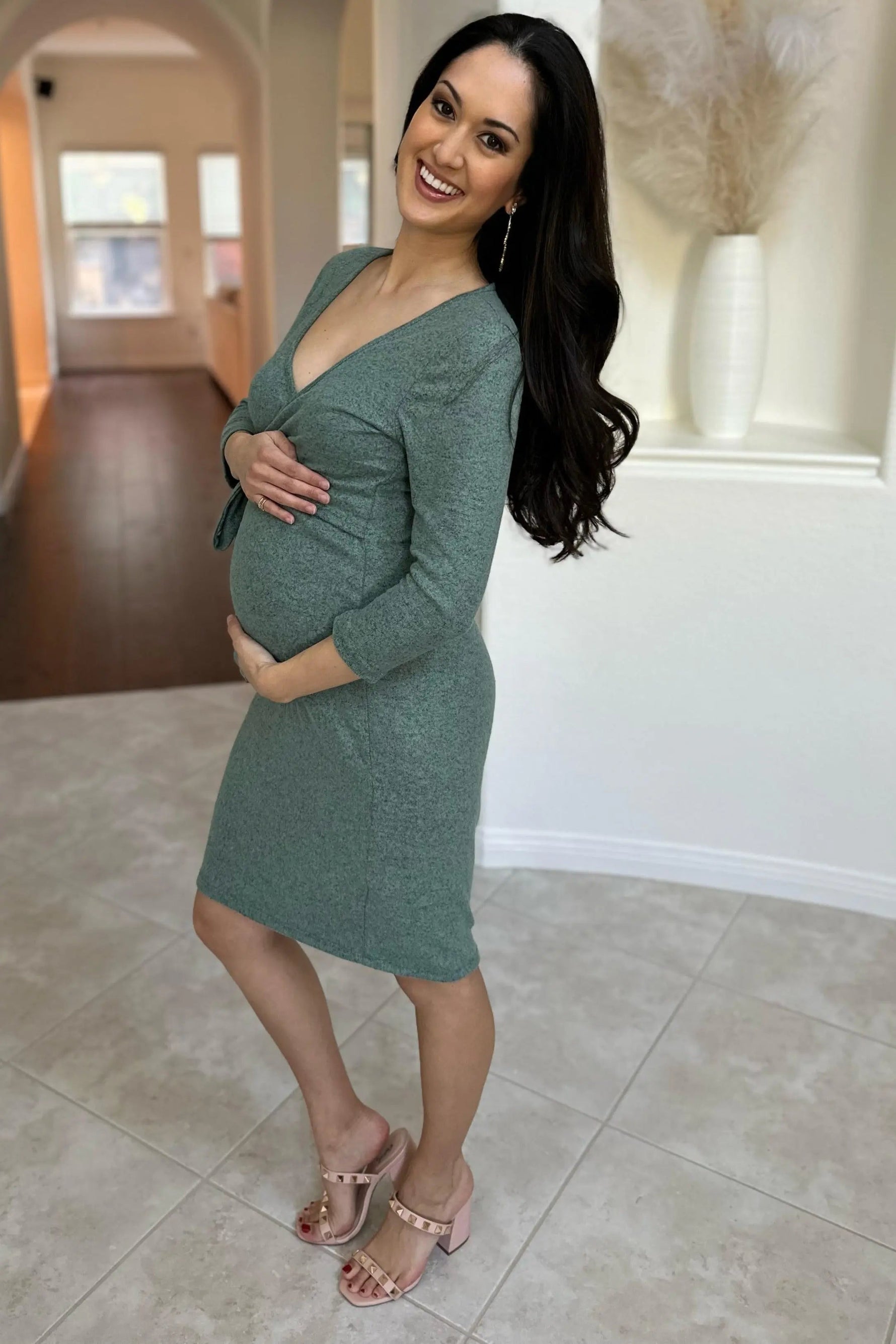 PinkBlush Green Brushed Knit Wrap Fitted Maternity/Nursing Dress - 