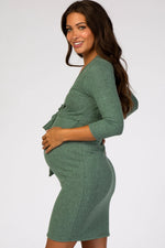 PinkBlush Green Brushed Knit Wrap Fitted Maternity/Nursing Dress - 