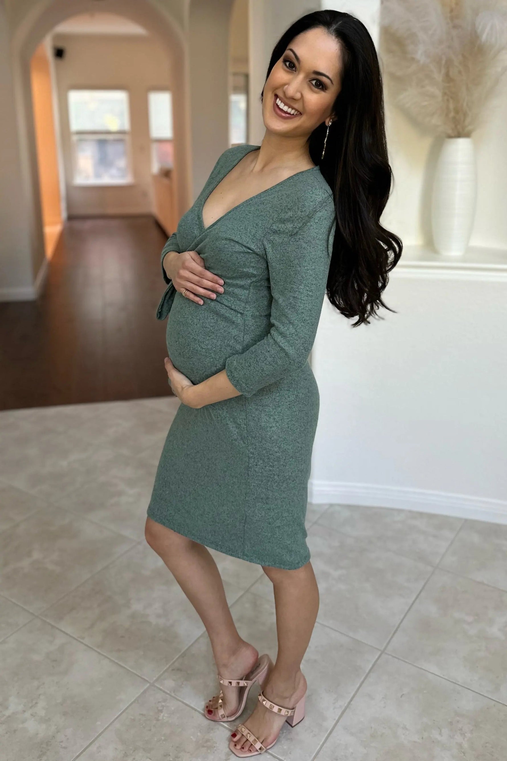 PinkBlush Green Brushed Knit Wrap Fitted Maternity/Nursing Dress - 