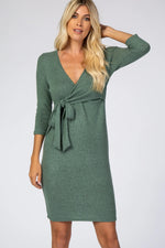 PinkBlush Green Brushed Knit Wrap Fitted Nursing Dress - 