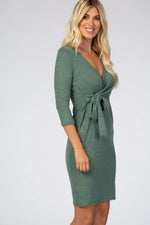 PinkBlush Green Brushed Knit Wrap Fitted Nursing Dress - 