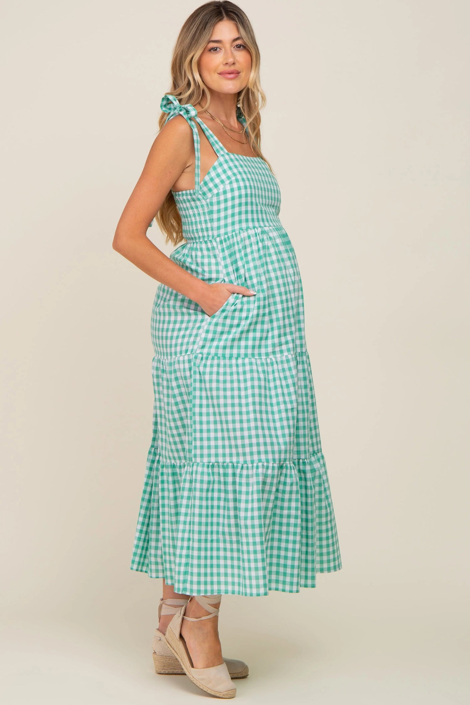 PinkBlush Green Checkered Sleeveless Tiered Maternity Maxi Dress - 