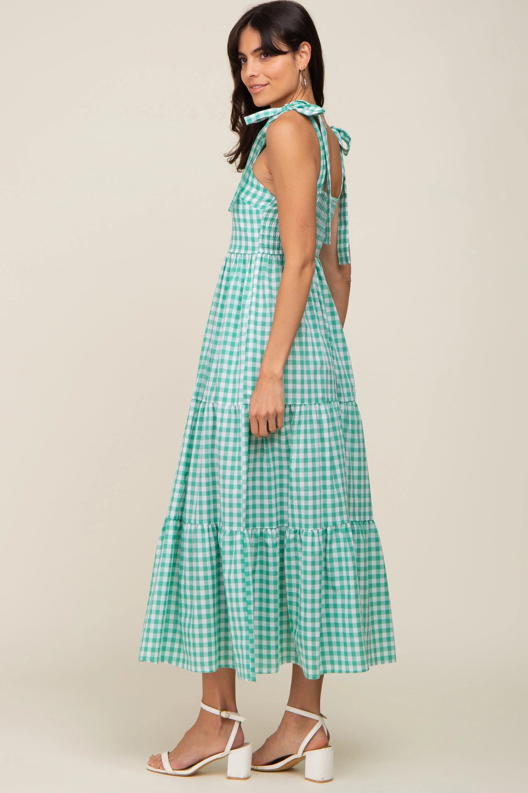 PinkBlush Green Checkered Sleeveless Tiered Maxi Dress - 