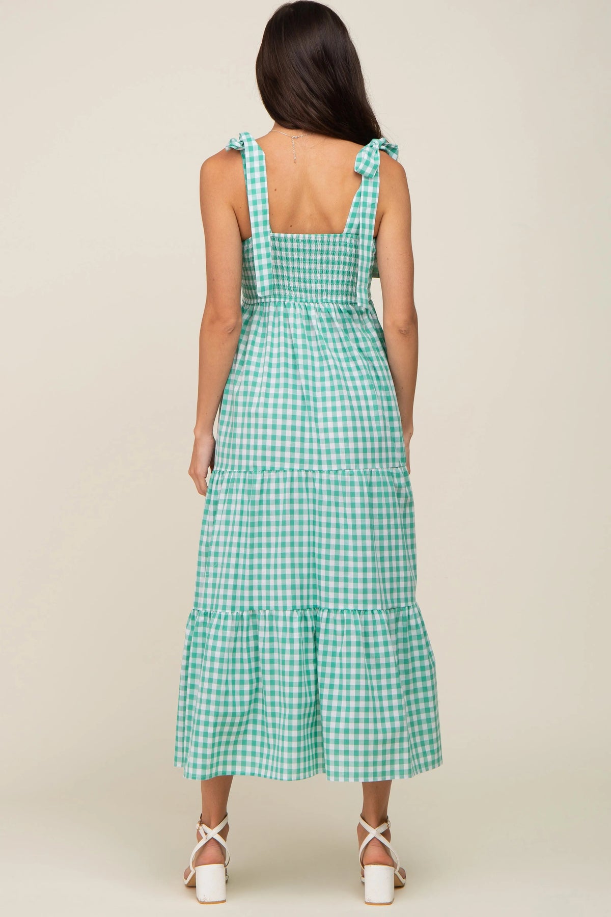 PinkBlush Green Checkered Sleeveless Tiered Maxi Dress - 