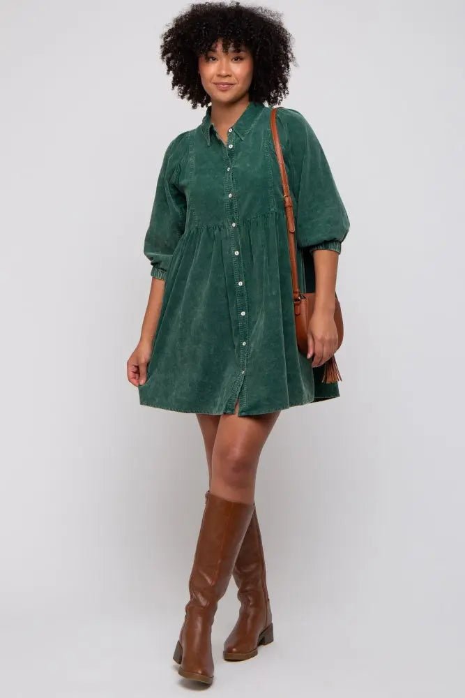 Green Corduroy Button Down Collared Dress - Day Dress, One-piece garment, Person, Boot, Dress | Everetts Place