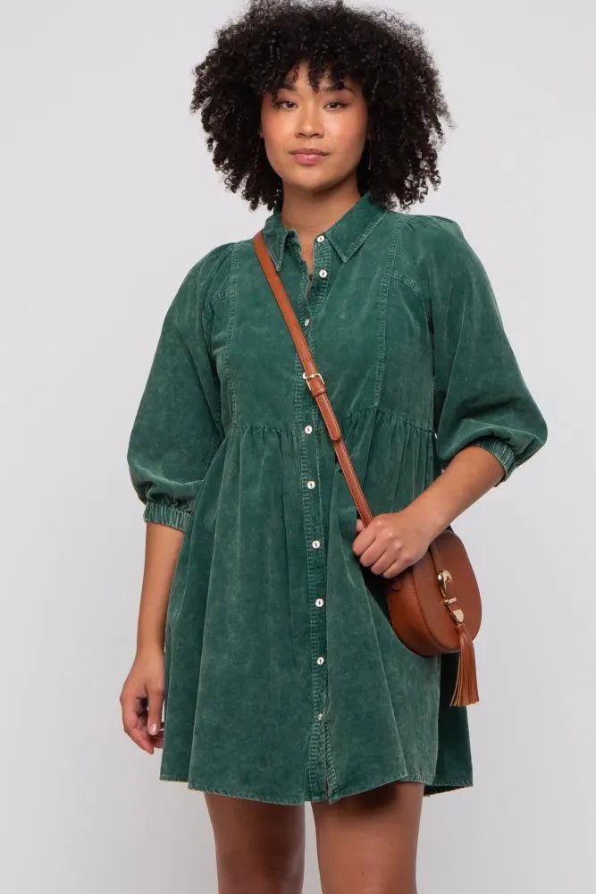 PinkBlush Green Corduroy Button Down Collared Dress - 