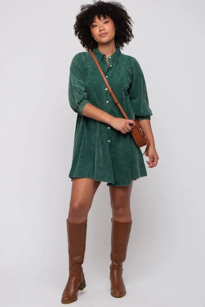 PinkBlush Green Corduroy Button Down Collared Dress - 