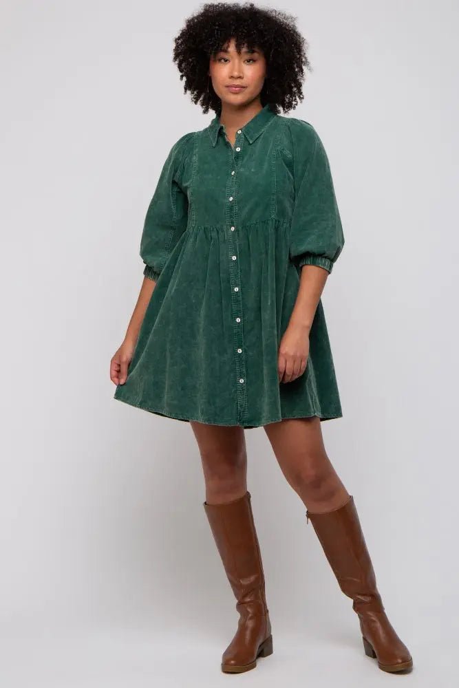 PinkBlush Green Corduroy Button Down Collared Dress - 