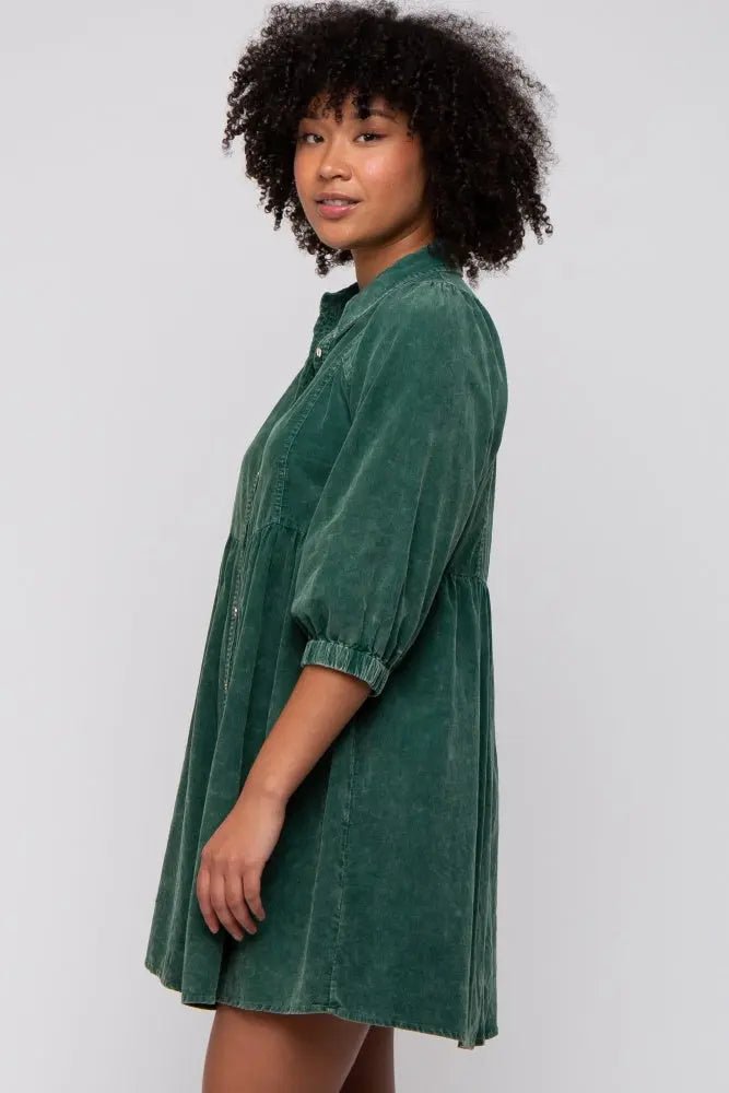 PinkBlush Green Corduroy Button Down Collared Dress - 