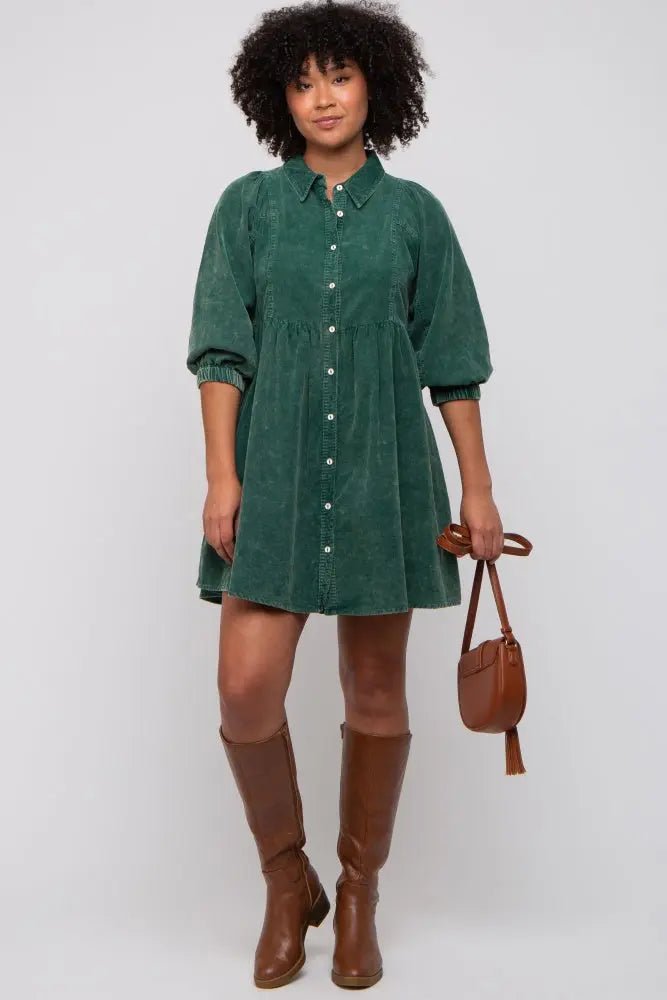 PinkBlush Green Corduroy Button Down Collared Dress - 