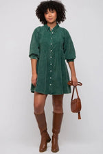 PinkBlush Green Corduroy Button Down Collared Dress - 