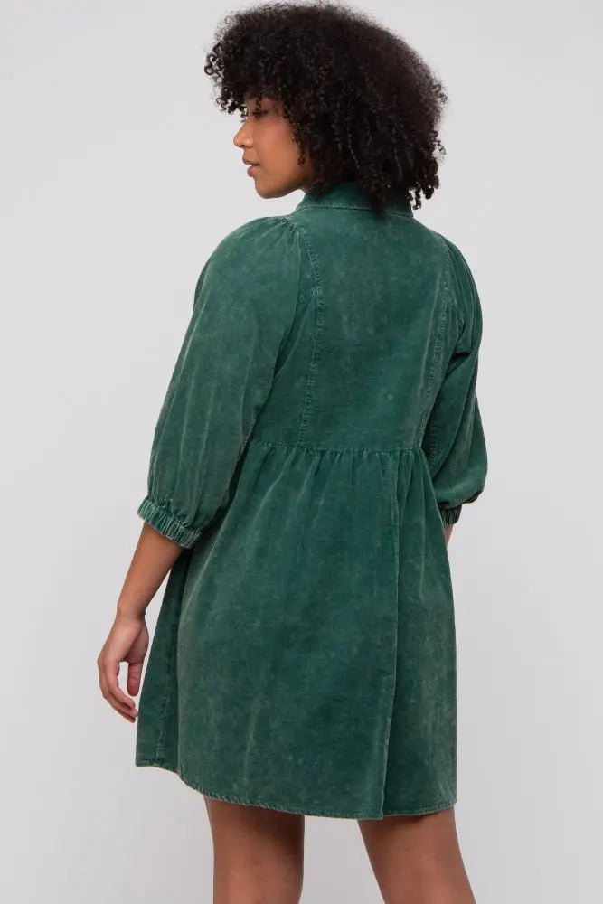 PinkBlush Green Corduroy Button Down Collared Dress - 