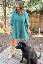 PinkBlush Green Corduroy Button Down Collared Dress - 