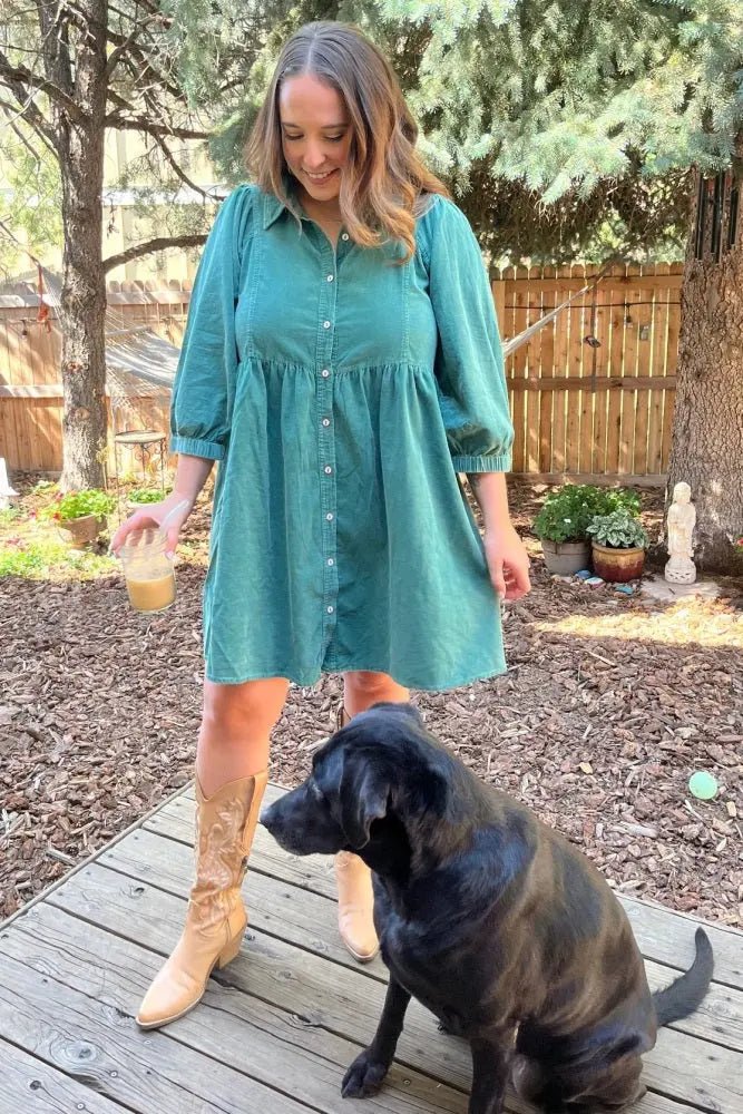 PinkBlush Green Corduroy Button Down Collared Dress - 
